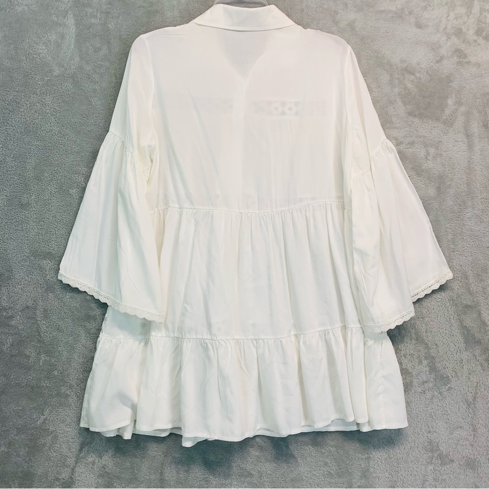 Beach White Tiered Lace Inserts Coverup Top Tunic Oversized OS ONE SIZE - Picture 5 of 7